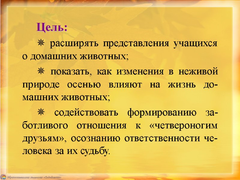 Цель:  ✵ расширять представления учащихся о домашних животных; ✵ показать, как изменения в